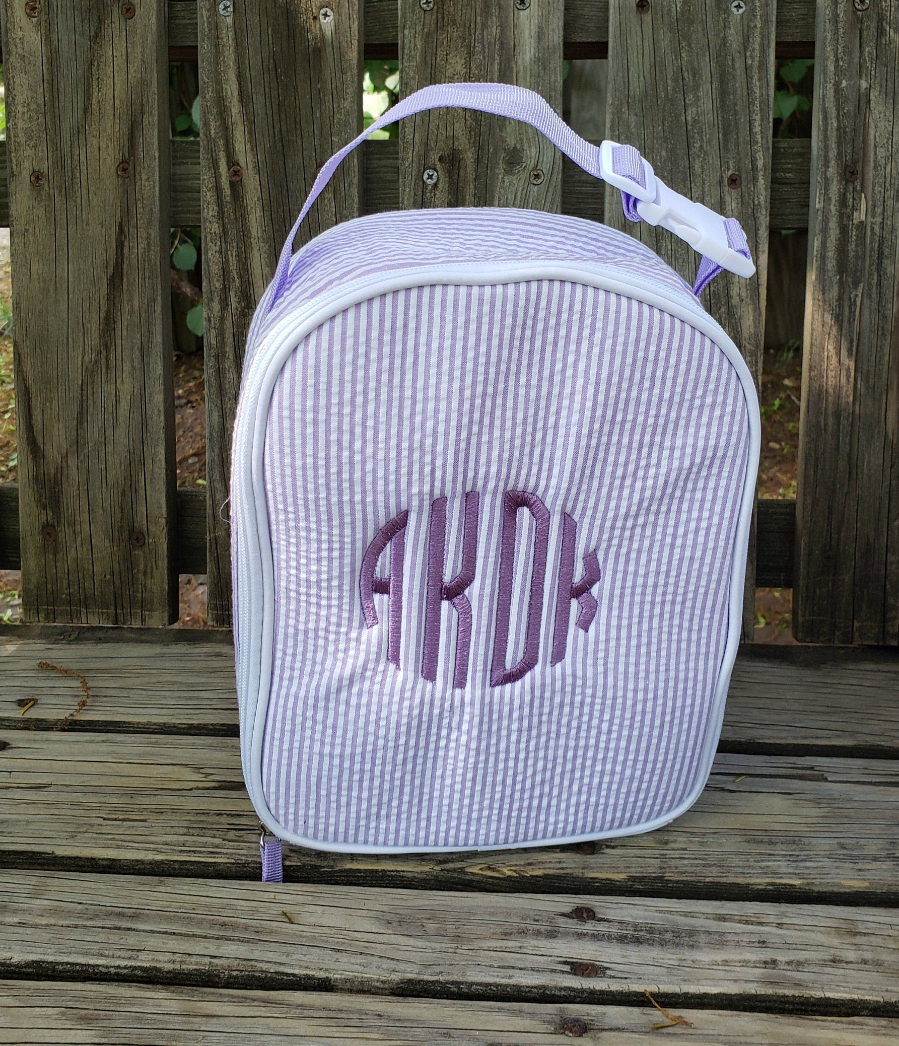 School lunch box, Seersucker school lunch bag, monogram, personalized back to school lunch tote