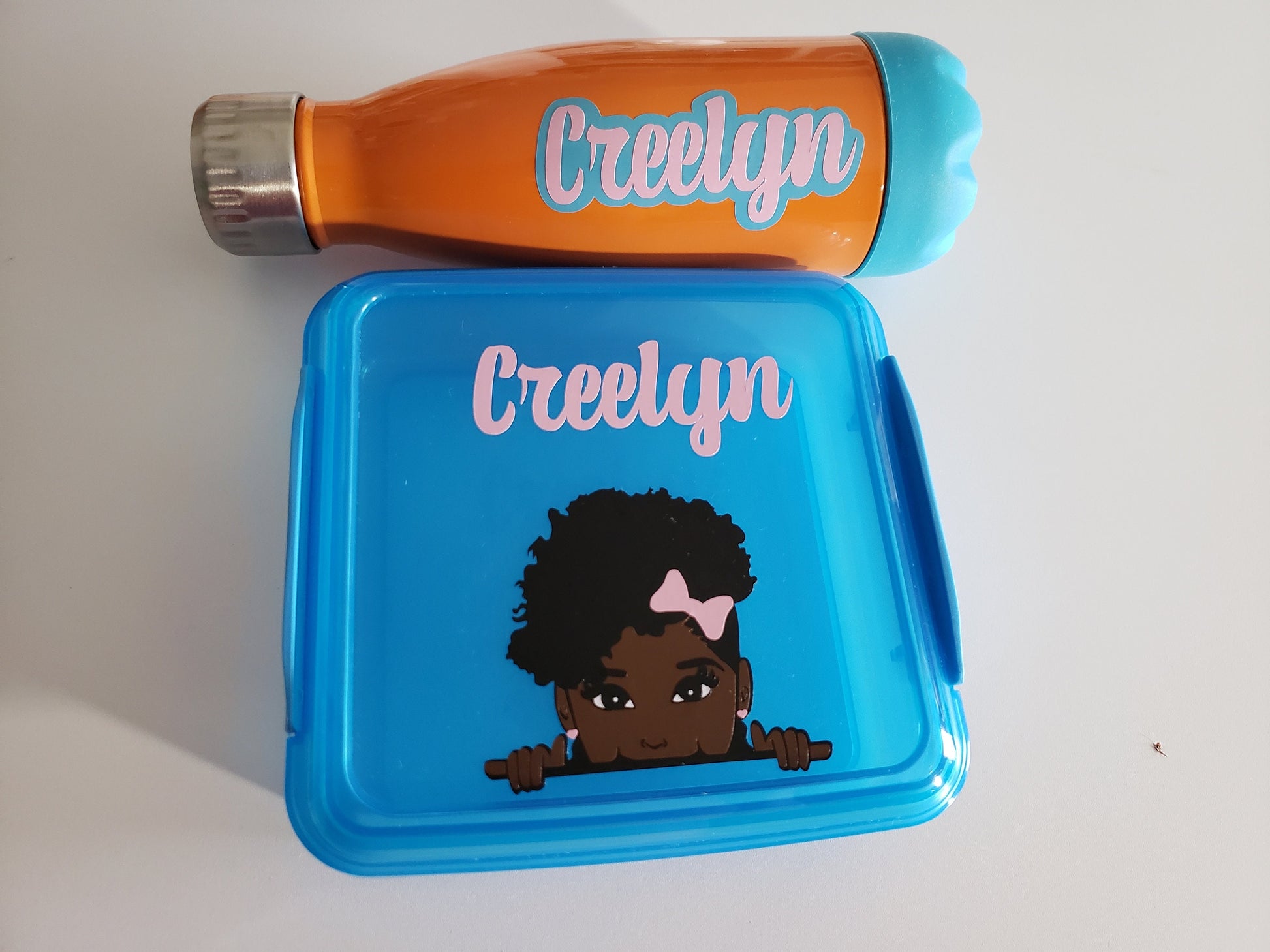 Water bottle lunch set for kid, Insulated stainless steel bottle s, 9oz. and peek-a-boo sandwich container set, tapered bottle, personalized