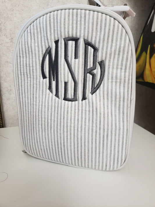 School lunch box, Seersucker school lunch bag, monogram, personalized back to school lunch tote, grey