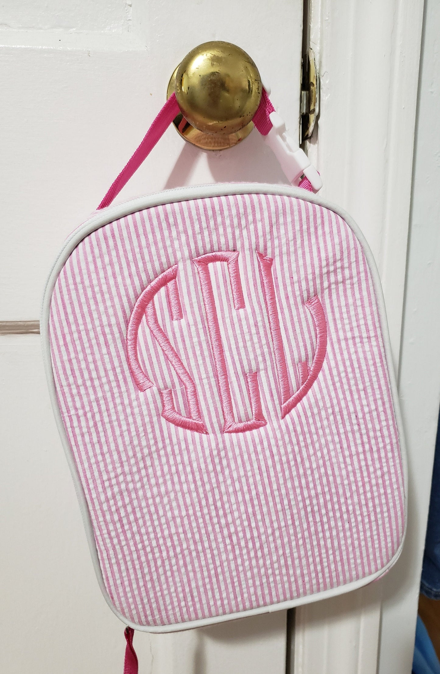 School lunch box, Seersucker school lunch bag, monogram, personalized back to school lunch tote