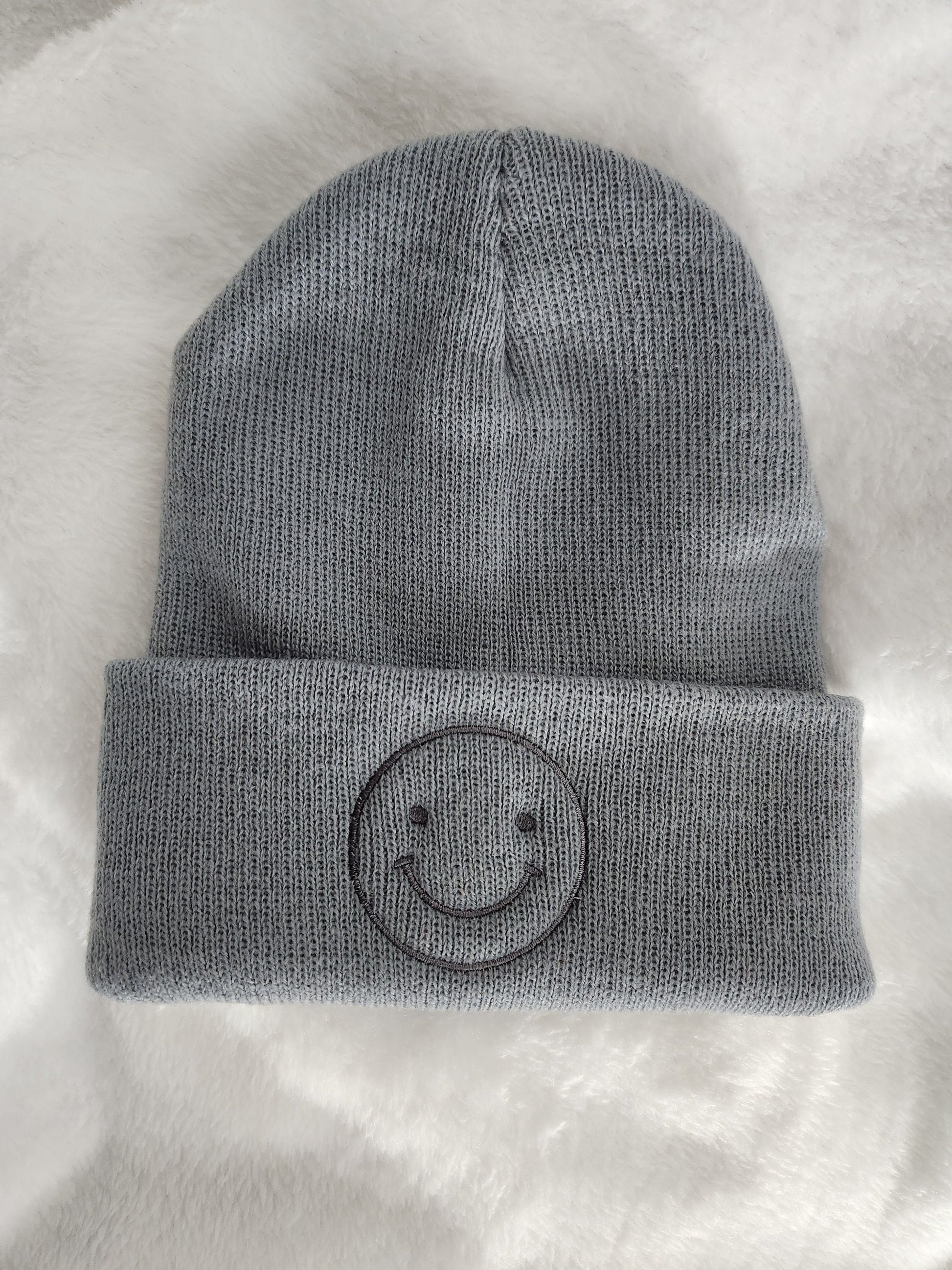 Smiley face beanie, embroidery winter hat, cuffed beanie, gift for him and her