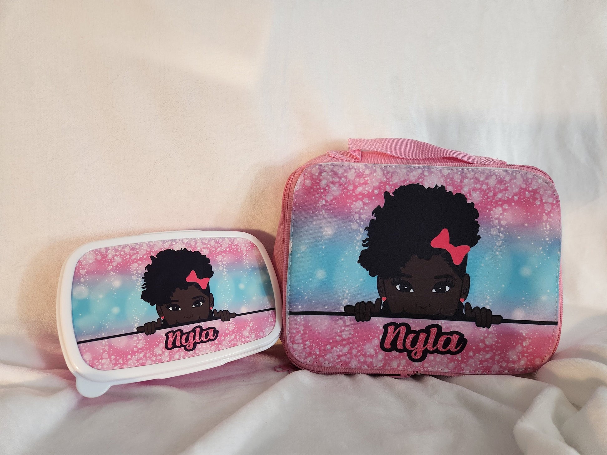 Lunch bag and food container set, African American girl, Peek a boo girl or boy