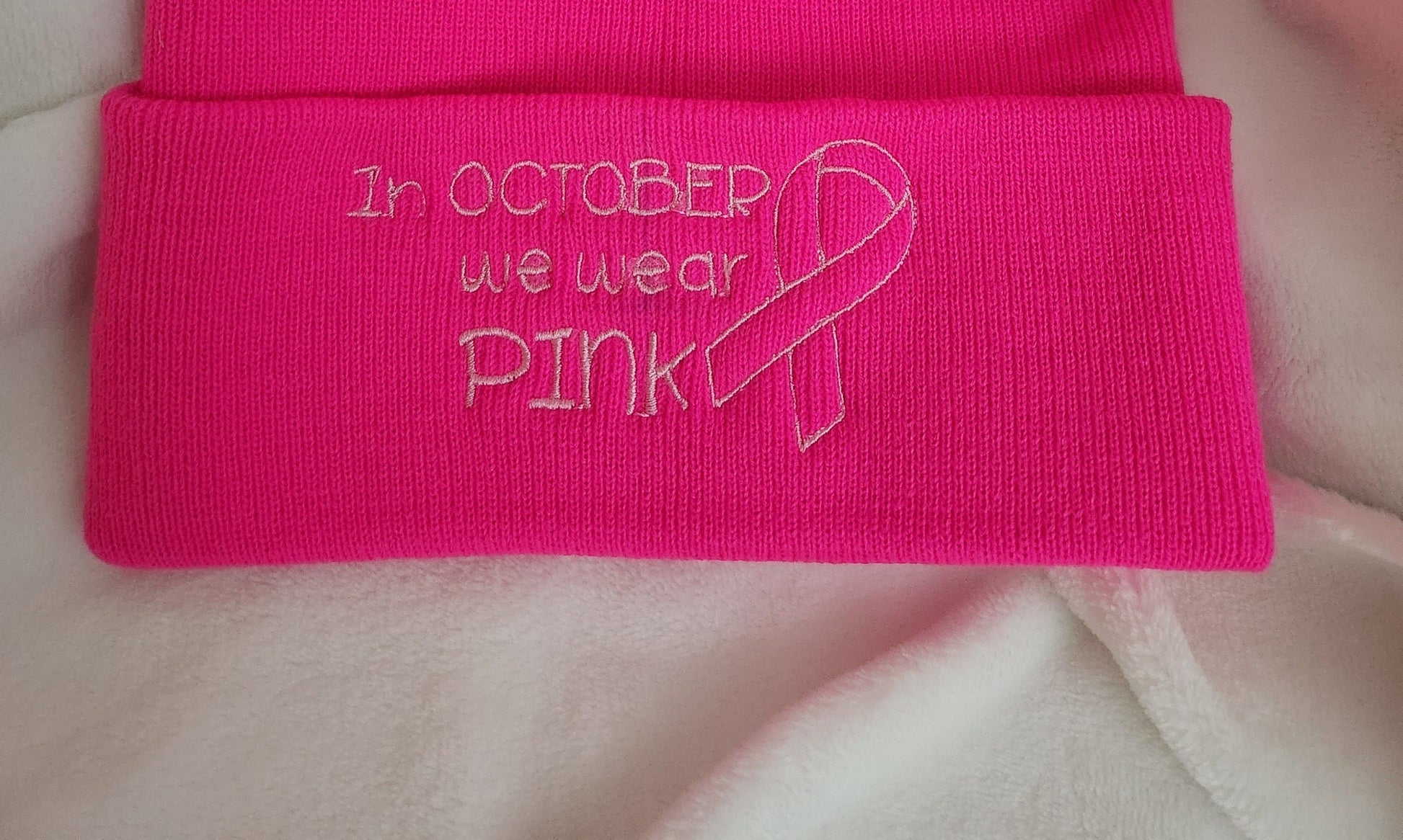 Cancer awareness beanie, embroidery pink hat, cuffed beanie, awareness ribbon for him and her, in October we wear pink