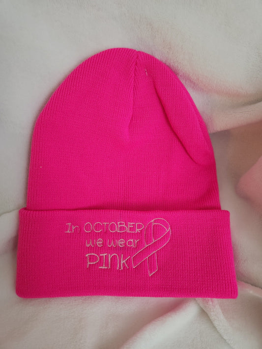 Cancer awareness beanie, embroidery pink hat, cuffed beanie, awareness ribbon for him and her, in October we wear pink