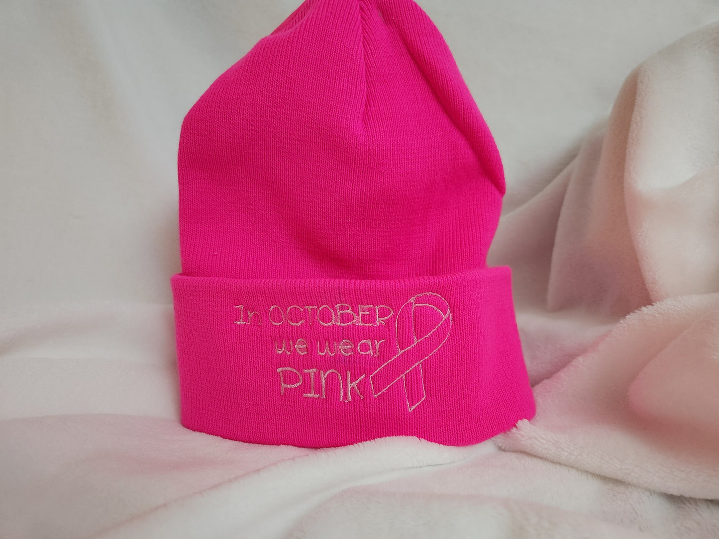 Cancer awareness beanie, embroidery pink hat, cuffed beanie, awareness ribbon for him and her, in October we wear pink