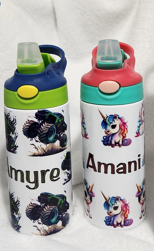 Water bottle for kids, full wrap, Personalized insulated water, Unicorns or Monster trucks