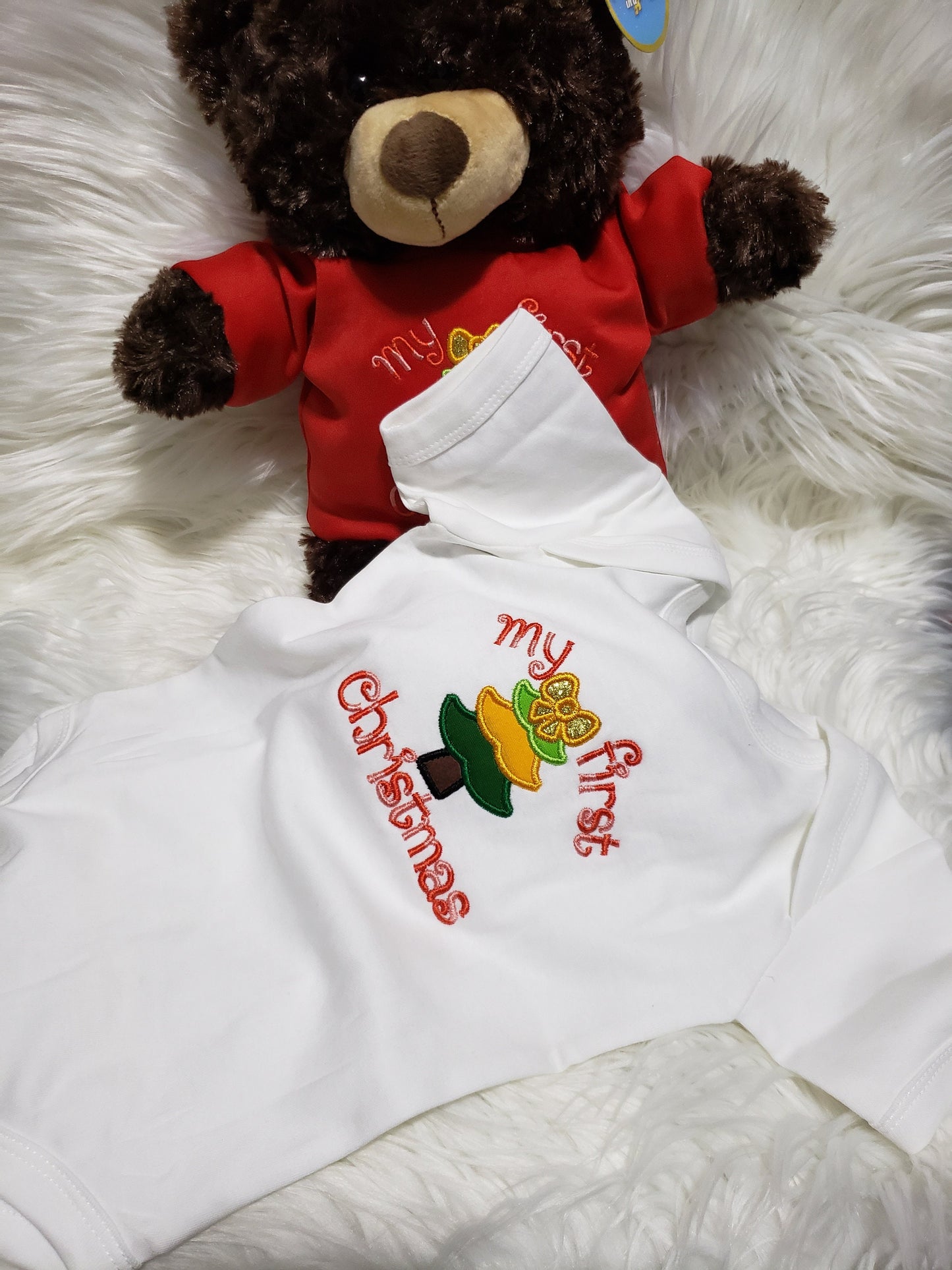 Personalized teddy and bodysuit, Gift for baby's first Christmas