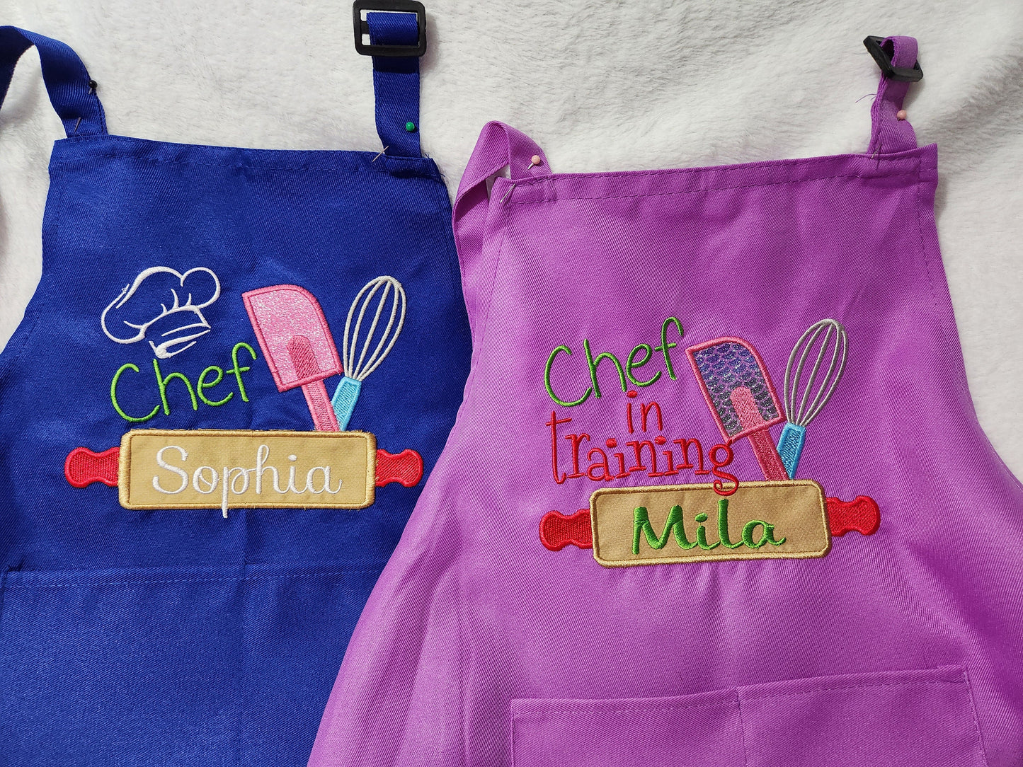 Kids apron/chef hat, Big sister/little sister aprons, big brother/little brother aprons, 2 sets per order, Personalized, embroidery