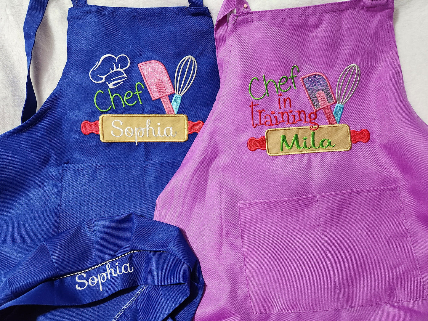 Kids apron/chef hat, Big sister/little sister aprons, big brother/little brother aprons, 2 sets per order, Personalized, embroidery