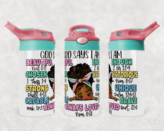 Water bottle for kids, full wrap, Personalized insulated water, double color tops, God says I am