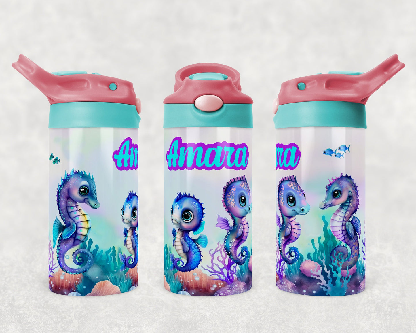Water bottle for kids, full wrap, Personalized insulated water, double color tops, sea horses