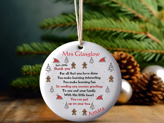 Christmas ceramic Ornament, personalized ornament, teacher appreciation Christmas ornament