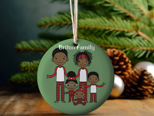 Christmas ceramic Ornament, personalized ornament, African American Afro stick family ornament, Christmas pajamas
